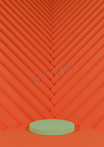 橙广告摄影照片_霓虹橙色、亮红色 3D 渲染简单、最小的产品展示，带有一个圆柱体支架和背景中指向产品的三角形楼梯状图案