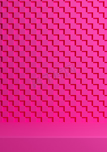 明亮的洋红色、霓虹粉红色 3D 插图简单的最小产品展示背景侧视图，用于化妆品摄影的方格十字图案背景