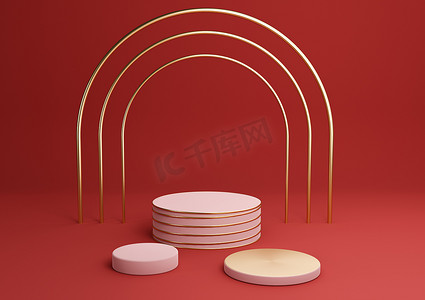 明亮的栗色、深红色 3D 渲染简单的产品展示圆柱讲台，配有豪华金拱门和线条三站最小背景抽象构图