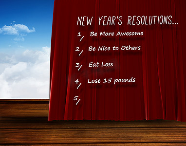 新年红色舞台摄影照片_白色背景新年决议列表类别的复合图像