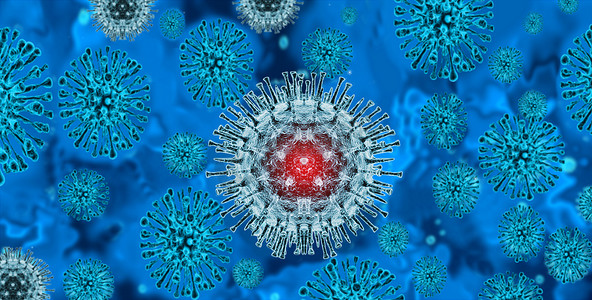 灵长类摄影照片_3d病毒背景，猴痘概念，蓝色背景病毒分子特写，病毒分子医学背景
