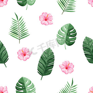 水彩粉色木槿花和绿色热带棕榈叶白色背景上的无缝图案，用于织物、纺织品、品牌、邀请函、剪贴簿、包装