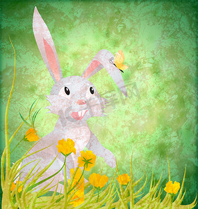 复活节兔子与 grunge 纸绿色背景上的黄花