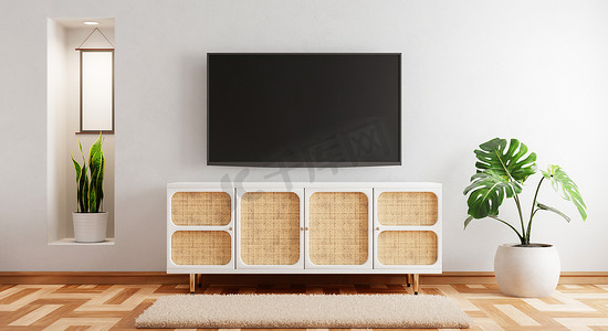 现代空荡荡的房间里的木柜上方有电视，木质背景上铺着植物地毯。