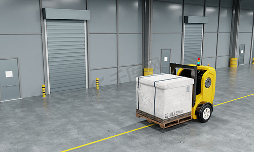 无人驾驶机器人汽车叉车机器人在工厂背景下将托盘纸板箱提升和移动到储藏室。