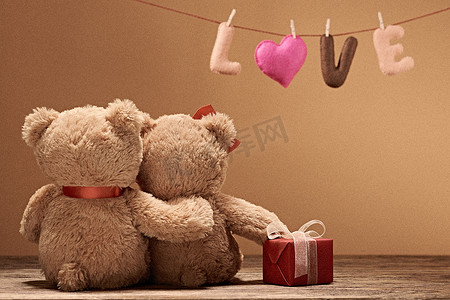 情人节。词爱的心。情侣泰迪熊