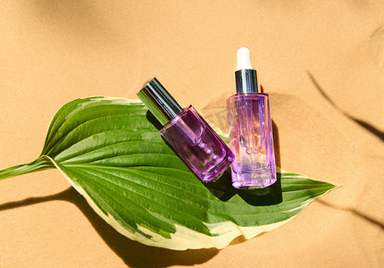 沙色背景下绿叶上的紫色罐保湿血清和滋养护肤化妆品