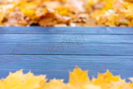 空木桌自然散景背景与秋黄枫叶寄宿生模板模型用于展示产品复制空间