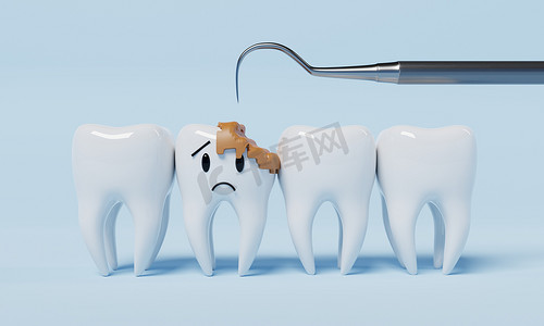 不健康的情绪牙齿与牙刷在蓝色背景。