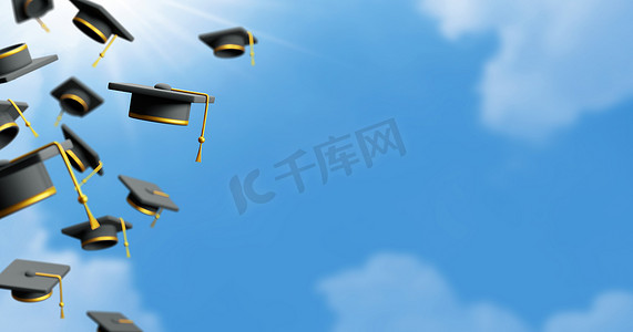 毕业设计展邀请函摄影照片_有蓝天背景3D回报的毕业帽