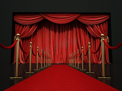 舞台地毯摄影照片_红地毯和天鹅绒绳索通向舞台。 