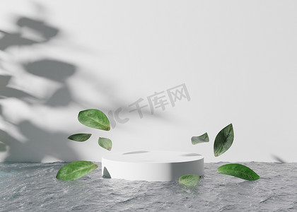 圆形树叶摄影照片_白色的圆形讲台矗立在水中，树叶在空中飞舞。