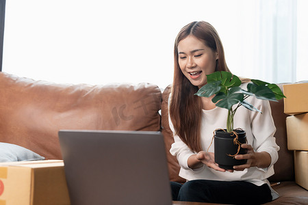 一位女企业家通过直播笔记本电脑销售植物，并检查客户的订单以了解在线购物概念