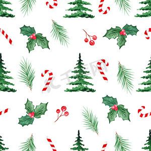水彩圣诞树冬青和拐杖糖无缝图案白色背景。