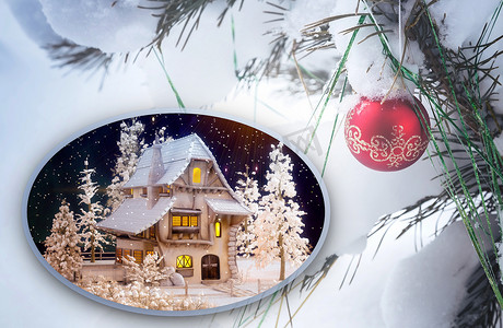 白雪房子摄影照片_圣诞贺卡上有一座灯火通明的房子的照片。