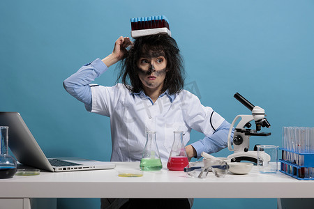 滑稽的疯狂化学家的肖像，在头顶上放着装有玻璃试管的托盘时，表现得很愚蠢。