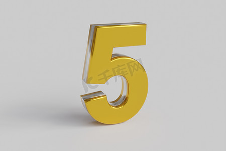 字母五 3D 渲染金色字体与银色轮廓隔离白色背景。