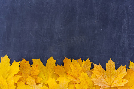 黑色背景上的秋叶框架顶视图秋季边框黄色和橙色叶子复古结构表复制文本空间。