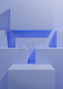 简约淡蓝色背景摄影照片_浅色、柔和的蓝色 3D 渲染产品展示背景简单、简约、几何壁纸，配有讲台支架，用于产品摄影或广告演示模板
