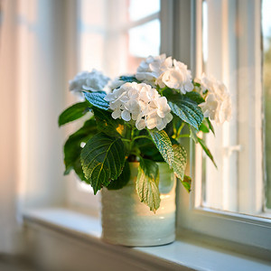 家里旧窗台上的花瓶里陈列着美丽的白色绣球花。