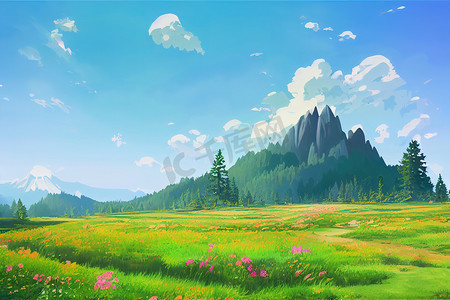 夏日风景的山草甸，动漫卡通风格