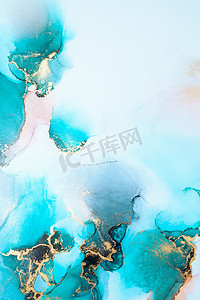 水墨普洱茶摄影照片_大理石液体水墨艺术画在纸上的豪华蓝色抽象背景。