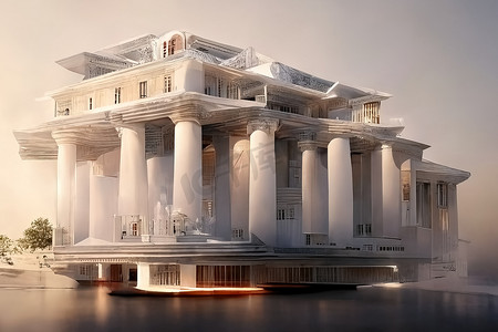 战争风格摄影照片_希腊复兴风格建筑，数字艺术，3D 插图