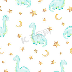 水彩蓝色小恐龙和星星无缝图案白色背景。