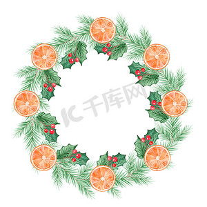 圆形花环摄影照片_水彩圆形圣诞绿色花环，白色背景上带有冬青橙色元素