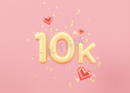 10000 名追随者卡，粉红色背景上带有金色五彩纸屑。