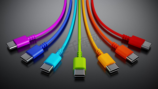 深色背景上的彩色 C 型 USB 电缆。 