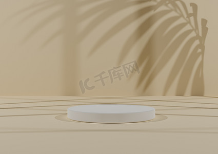 简单、最小的 3D 渲染组合，带有一个白色圆筒讲台或站在抽象阴影光、柔和的黄色背景上进行产品展示。
