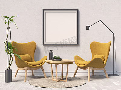 棕色海报摄影照片_现代室内背景 3D 渲染 3D 插图中带有两把棕色扶手椅的模拟海报框架