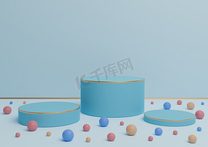 浅色、柔和、淡蓝色 3D 渲染三个讲台支架产品展示，带有金色线条和彩色大理石，用于产品展示或背景豪华产品或有趣的糖果