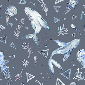 无缝水彩蓝色和灰色鲸鱼图案