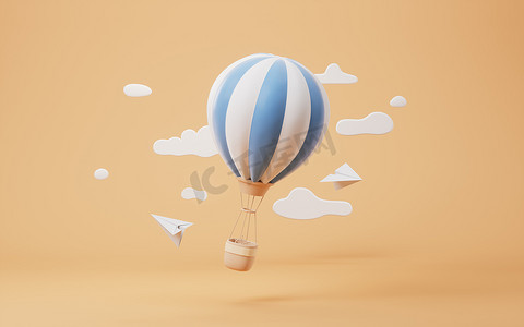 卡通纸飞机摄影照片_卡通热气球与纸飞机，3D 渲染。