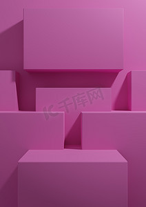 商业简约背景摄影照片_明亮的洋红色、霓虹粉色 3D 渲染产品展示背景简单、简约、几何壁纸，配有讲台支架，用于产品摄影或广告演示模板