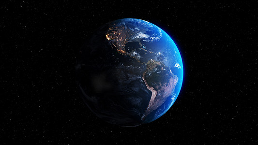 蓝色航天航空摄影照片_具有现实地理表面和轨道 3D 云大气的行星地球