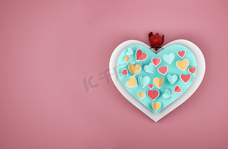 贺卡折叠摄影照片_快乐情人节贺卡设计，剪纸柔和的心形，飞翔在大蓝心上，粉红色背景上的玫瑰。 
