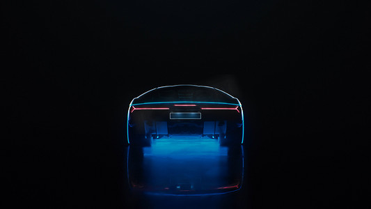 带霓虹灯的 3D 渲染跑车在黑色背景下驶向远方