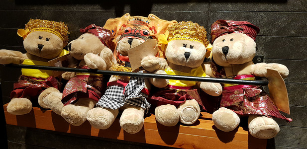 一群毛茸茸的毛绒熊玩具，穿着各种衣服，泰迪熊毛绒动物
