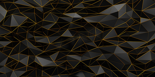 装饰线金色摄影照片_黑色几何与金色金属线框墙低聚背景 3d 渲染