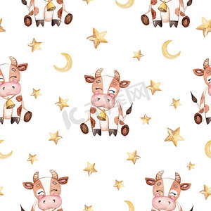 水彩棕色小牛和星星在白色背景上的无缝图案，用于织物、纺织品、品牌、邀请函、剪贴簿、包装