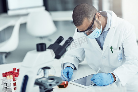 科学家、研究人员和医务人员在实验室中戴着口罩使用平板电脑进行创新和研究。