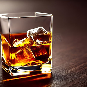 透明玻璃瓶子摄影照片_透明玻璃和瓶子上的新鲜威士忌也切成丁冰酒精绘图。