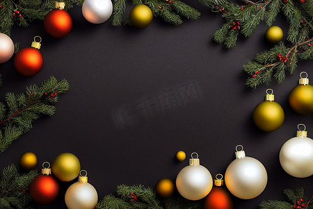 黑色圣诞背景摄影照片_3D 渲染黑色圣诞背景与金色装饰、礼品盒、球、五彩纸屑。