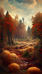 森林在秋天美丽的风景几何插画