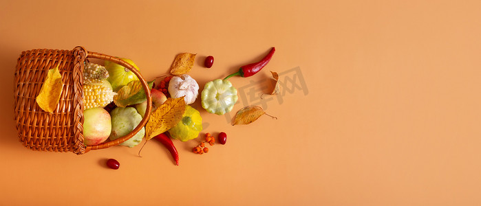 秋横幅摄影照片_橙色背景上的秋旗，上面有收获篮，里面有玉米、苹果、西葫芦和辣椒