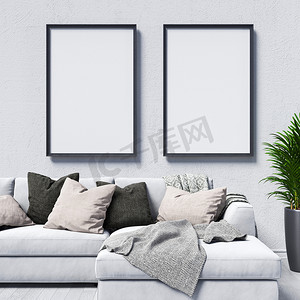 装饰海报背景摄影照片_带转角沙发和枕头的模拟海报框架