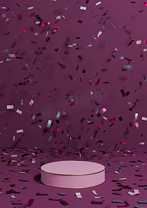 深洋红色、紫色 3D 渲染产品展示基座周年纪念产品，用五彩纸屑围绕讲台庆祝，金色线条为奢侈品简单、最小的背景